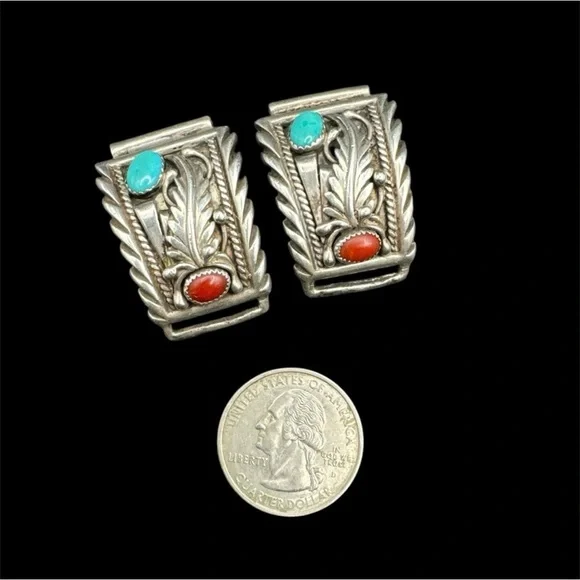 NFS ON HOLD Vintage Sterling Silver Navajo Signed Turquoise Coral Watch Tips - Picture 3 of 6